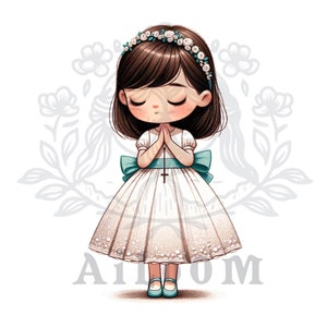 Turquoise Adventure: Cartoon Communion Girl with Big Turquoise Bow