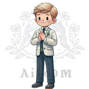 Perspectiva de Comunión: Niño Rubio Ladeado con Traje Elegante