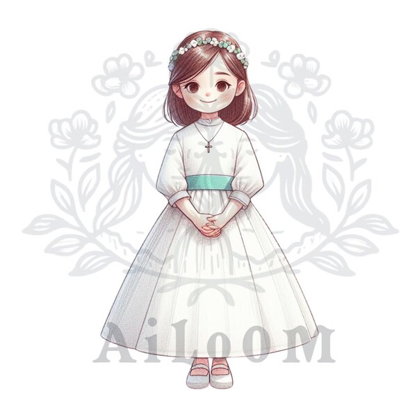 Classic Elegance: Brunette Communion Girl with Short Hair and Traditional Style