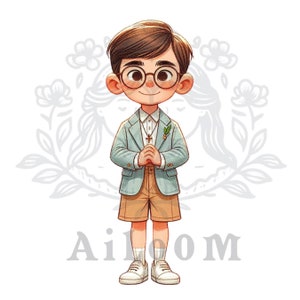 Illustrazione del ragazzo della comunione con gli occhiali - Promemoria della comunione - Scrapbooking