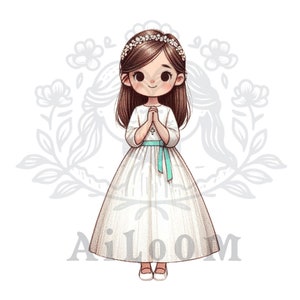Elegancia Natural: Niña Morena de Comunión con Corona de Flores y Lazo Verde Esmeralda