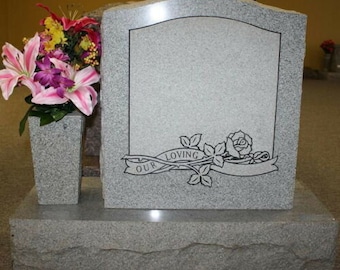 Georgia Gray Headstone Cemetery Marker Customized Carved with Rose and Ribbon, ***Includes Vase***Includes Inscription***