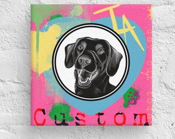 May include: A black Labrador Retriever dog with a happy expression is featured in a circle on a pink canvas with a blue heart and colorful paint splatters. The text "CUSTOM" is printed in red at the bottom of the canvas. The text "TA" is printed in yellow on the right side of the canvas.
