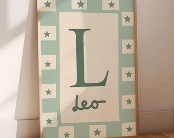 childrens initial and name neutral green wall print for bedroom, nursery or playroom