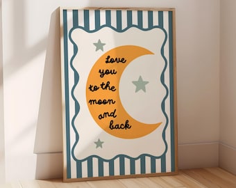 Love You to the Moon Print blue, Scalloped Border Nursery Decor