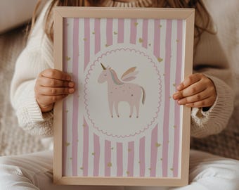scallop border unicorn print for girls bedroom, nursery or playroom, pink unicorn striped print