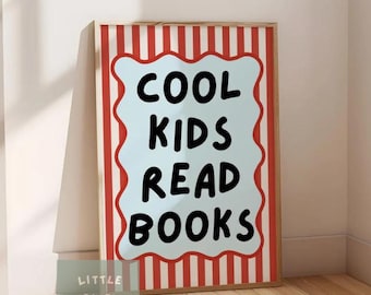 cool kids read books red and blue wall print for childrens bedroom, nursery or playroom
