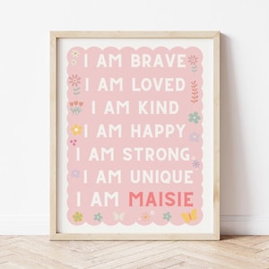 Girls affirmation, childrens prints,  nursery wall art, pink wall art, girls poster, gift for girl, i am kind,