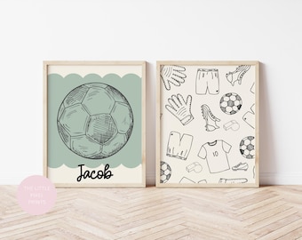 boys set of sport prints for bedroom with personalised football theme, sage green room prints, boys wall decor