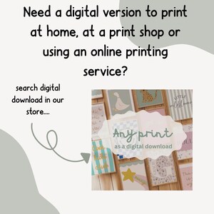 May include: The image features a collection of digital art prints, including a duck, a leopard, and floral designs. Text on the image reads "Any print as a digital download." The text also says "Need a digital version to print at home, at a print shop or using an online printing service?"