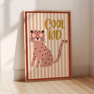 Impresión de pared infantil con diseño de gato para dormitorio o sala de juegos, póster infantil neutro, arte de pared bohemio escandinavo