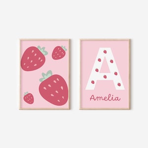 Juego de impresión de pared con nombre personalizado de fresa para dormitorio o guardería de niñas