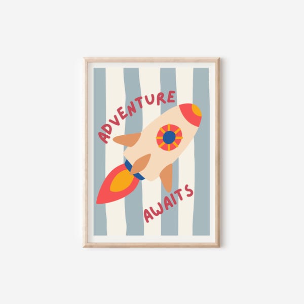 adventure awaits rocket space wall print for boys bedroom, nursery or playroom