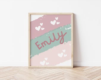 Personalised Girls Name Print, Pink and Green Heart Decor