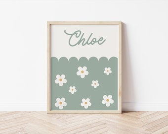 green daisy floral personalised name print for girls bedroom or playroom, floral wall decor
