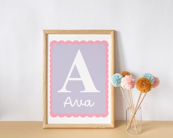 Personalised name and initial girls wall print for bedroom, nursery or playroom