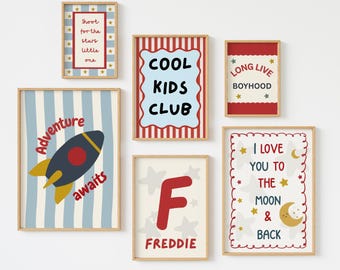 Personalised rocket, moon and stars Kids Gallery Wall Art for bedroom, nursery or playroom