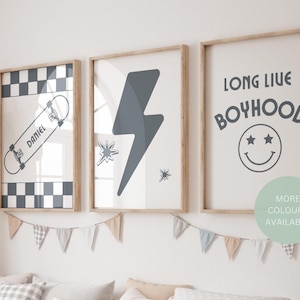 set of room prints for boys bedroom, skater boy wall decor, long live boyhood (unframed)