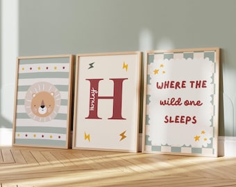 set of personalised lion themed wall prints for childrens bedroom, playroom or nursery  (unframed)