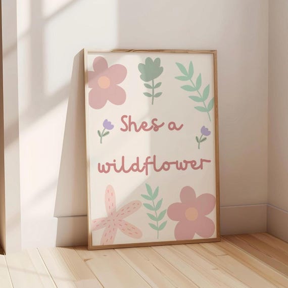 she's a wildflower floral wall  print for girls bedroom, nursery or playroom, childrens wall decor, pastel colour art