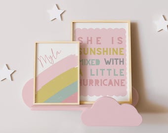 she is sunshine print, affirmation, personalised name, girls room decor, childrens nursery, pastel wall decor, set of 2 prints