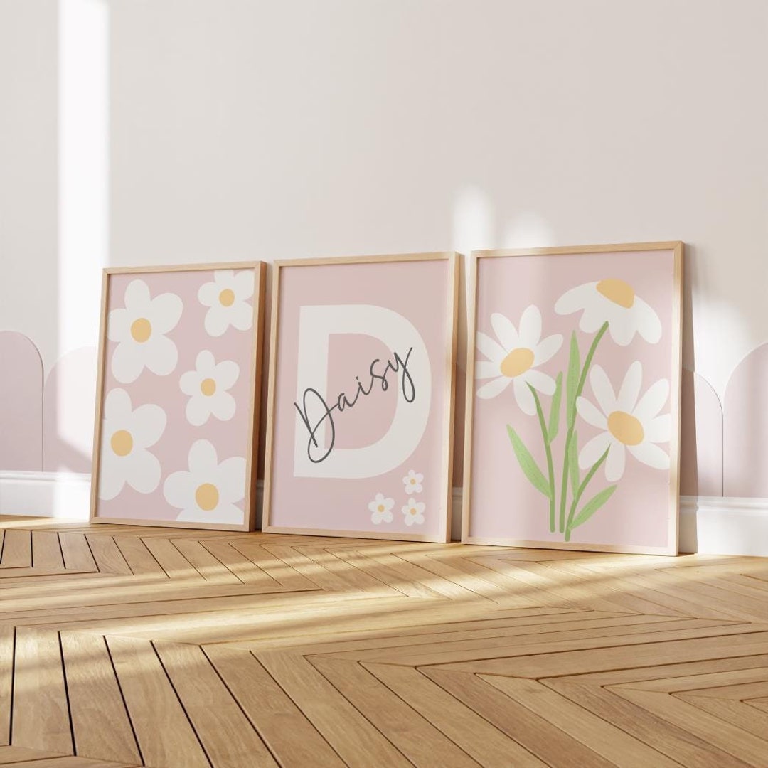 Personalised Set of 3 Girls Pink Floral Daisy Themed Wall Art Prints ...