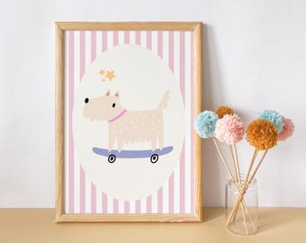 Dog on Skateboard Print, Nursery Playroom Wall Art