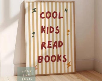 cool kids read books neutral wall print for childrens bedroom, nursery or playroom