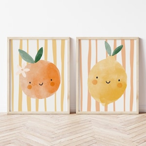 happy fruit print set for childrens bedroom, nursery or playroom, cute fruit printed wall art for home, wall decor,