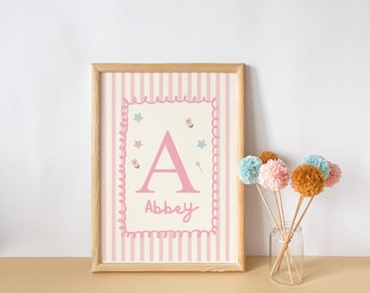 girls whimiscal personalised initial wall print for nursery, bedroom or playroom