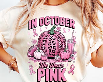 In October We Wear Pink PNG, Breast Cancer Awareness PNG, Retro Breast Cancer PNG, Halloween Pink Ghost Png, Halloween Shirt Sublimation