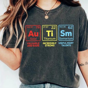 Puede incluir: Una camiseta gris oscuro con un gráfico de tres elementos de la tabla periódica: oro (Au), titanio (Ti) y samario (Sm). El gráfico está en un cuadro colorido con el número atómico y el peso de cada elemento. El texto debajo de cada elemento describe sus propiedades: el oro es "valuable and rare", el titanio es "incredibly strong" y el samario es "useful many talents".