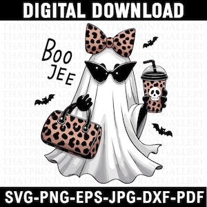 May include: A digital download graphic of a ghost character with a leopard print bow, sunglasses, and a handbag. The ghost is holding a drink with a skull design. The text "Boo Jee" is included. Bats are also featured.