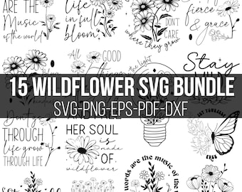 15 Wildflowers SVG Bundle, Wildflower SVG, Flower SVG, Floral Svg, Flower Clipart, Floral Frame Svg, Wildflower Quote, Svg Files Cricut