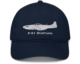 May include: A navy blue baseball cap with an embroidered white image of a P-51 Mustang airplane and the text "P-51 Mustang".