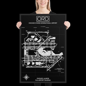 ORD Chicago O'Hare International Airport Diagramm gerahmter Druck | ORD Airport Map Poster | Chicago Airport Runway Matte Poster | Kostenloser Versand