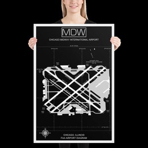 MDW Chicago Midway International Airport-diagram ingelijste afdruk | MDW-poster met luchthavenkaart | Matte poster van de start- en landingsbaan van Chicago Airport | Gratis verzending