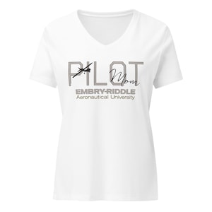 May include: White v-neck t-shirt with the text "Pilot Mom" and a small airplane graphic. Below the text is "Embry-Riddle Aeronautical University."