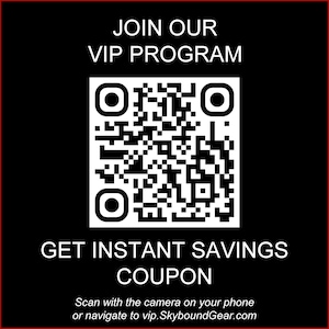 May include: Black and red graphic with the text "JOIN OUR VIP PROGRAM" and "GET INSTANT SAVINGS COUPON". A QR code is in the center. The text "Scan with the camera on your phone or navigate to vip.SkyboundGear.com" is at the bottom.