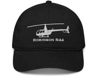 May include: Black baseball cap with a white embroidered image of a Robinson R44 helicopter and the text "ROBINSON R44".