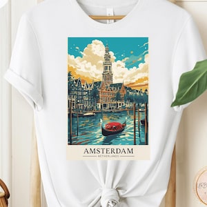 Amsterdam Canal scene shirt, colorful architecture print for travelers, ideal gift for adventurers and city explorers, perfect souvenir gift