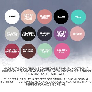 Peut inclure: Nuancier de 14 couleurs diff&eacute;rentes pour un t-shirt. Les couleurs incluent le blanc, le noir, le turquoise, l'orchid&eacute;e, le p&ecirc;che p&ecirc;che, le mauve, le gris fonc&eacute;, le bleu marine, le violet &eacute;quipe, la framboise, le marron, la menthe et le rose charit&eacute;.