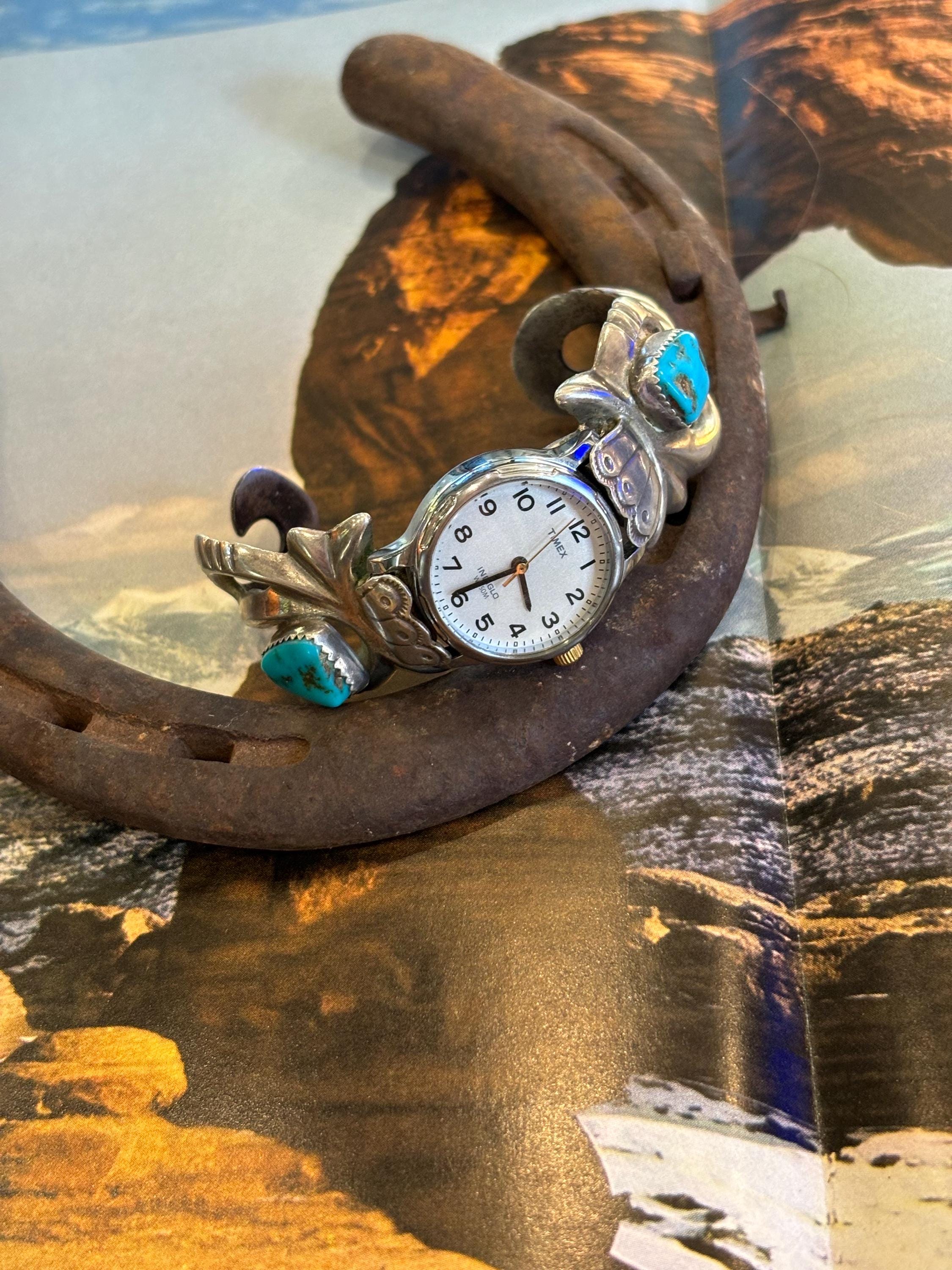 時計 Vintage Sterling Turquoise Wrist Watch Vintage 74 gram sterling turquoise Navajo watch