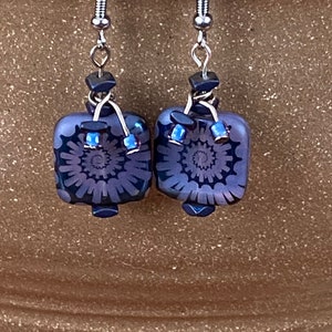 Blue Czech glass Spiral Squares with dangly beads and hematite