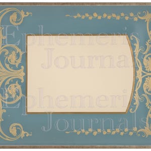 May include: A vintage-style frame with a light blue background and a cream-colored center. The frame is adorned with ornate gold floral and vine designs. The text "Ephemeri Journals" is faintly visible. The frame has a rectangular shape.