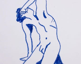 Kneeling Male Figure Drawing | 18x24” Oil Pastel on Paper | Modern Line Nude | Figurative Art by Trevor Dahl