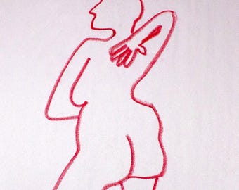 Standing Female Figure Drawing | 18x24” Oil Pastel on Paper | Minimal Red Line Nude | Modern Figurative Art by Trevor Dahl
