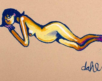 Reclining Female Figure Drawing | 18x24” Oil Pastel on Toned Paper | Modern Nude Artwork Drawn from Life | Figurative Art by Trevor Dahl