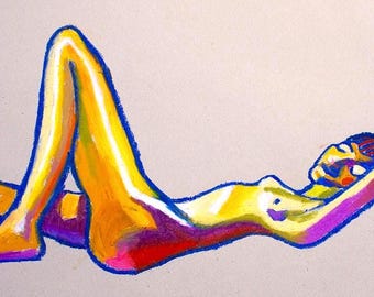 Reclining Female Figure Drawing | 18x24” Oil Pastel on Toned Paper | Modern Nude Artwork Drawn from Life | Figurative Art by Trevor Dahl