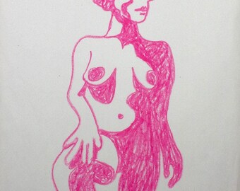 Pink Female Figure Drawing | 18x24” Oil Pastel on Toned Paper | Modern Nude Artwork Drawn from Life | Figurative Art by Trevor Dahl